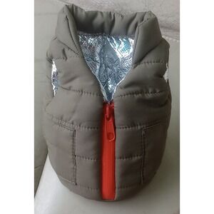 Puffin Beverage Jacket Can Cooler Koozie Olive Green Puffer Vest Orange Zipper